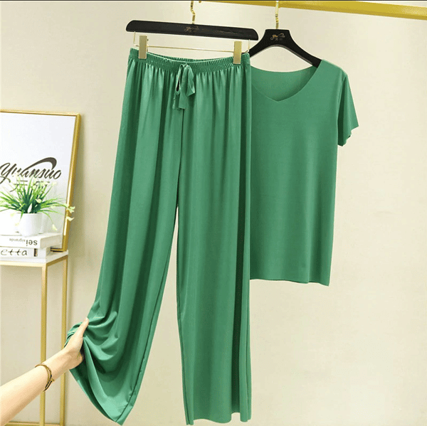 Soft Comfortable Ice Silk Short Sleeve T-Shirt Two Piece Set Loose Wide-leg Pants -💥Summer Hot Sale - 50% OFF💥