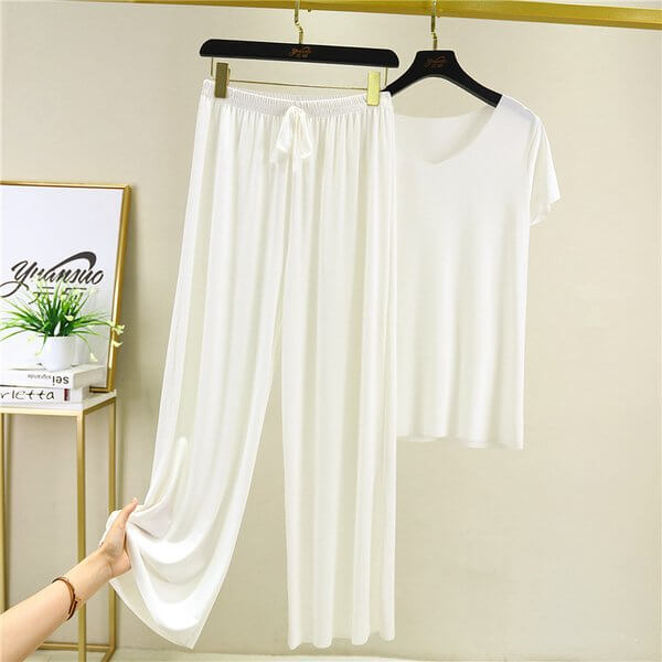 Soft Comfortable Ice Silk Short Sleeve T-Shirt Two Piece Set Loose Wide-leg Pants -💥Summer Hot Sale - 50% OFF💥